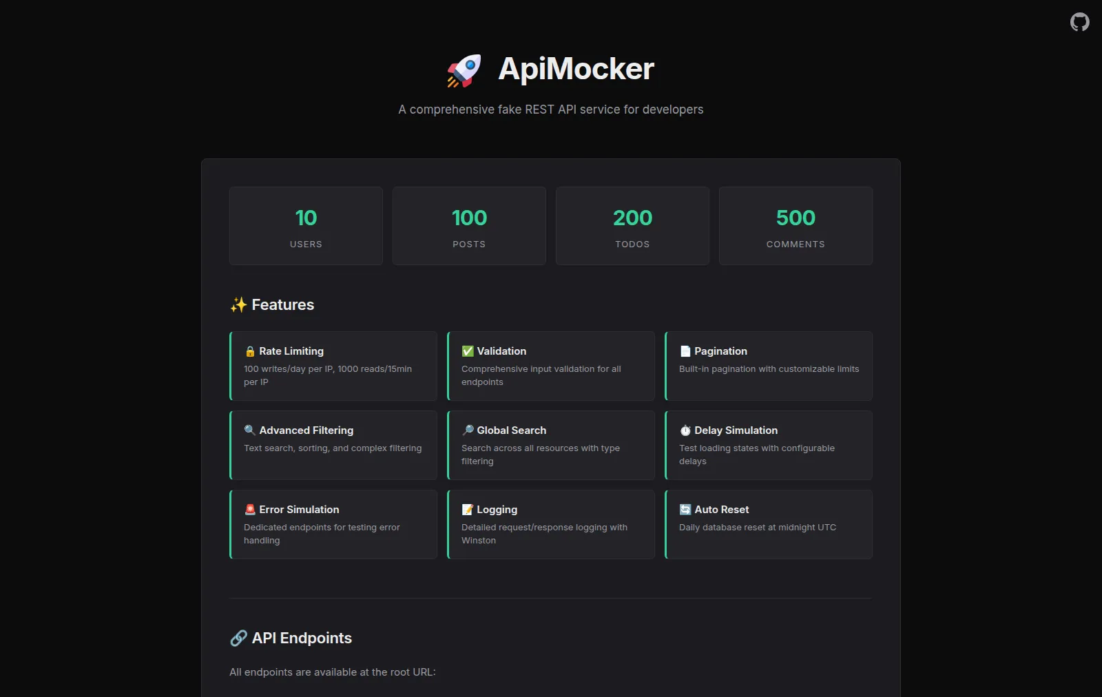 apimocker home page showing the dataset summary (10 users, 100 posts, 200 todos, 500 comments) and the features grid