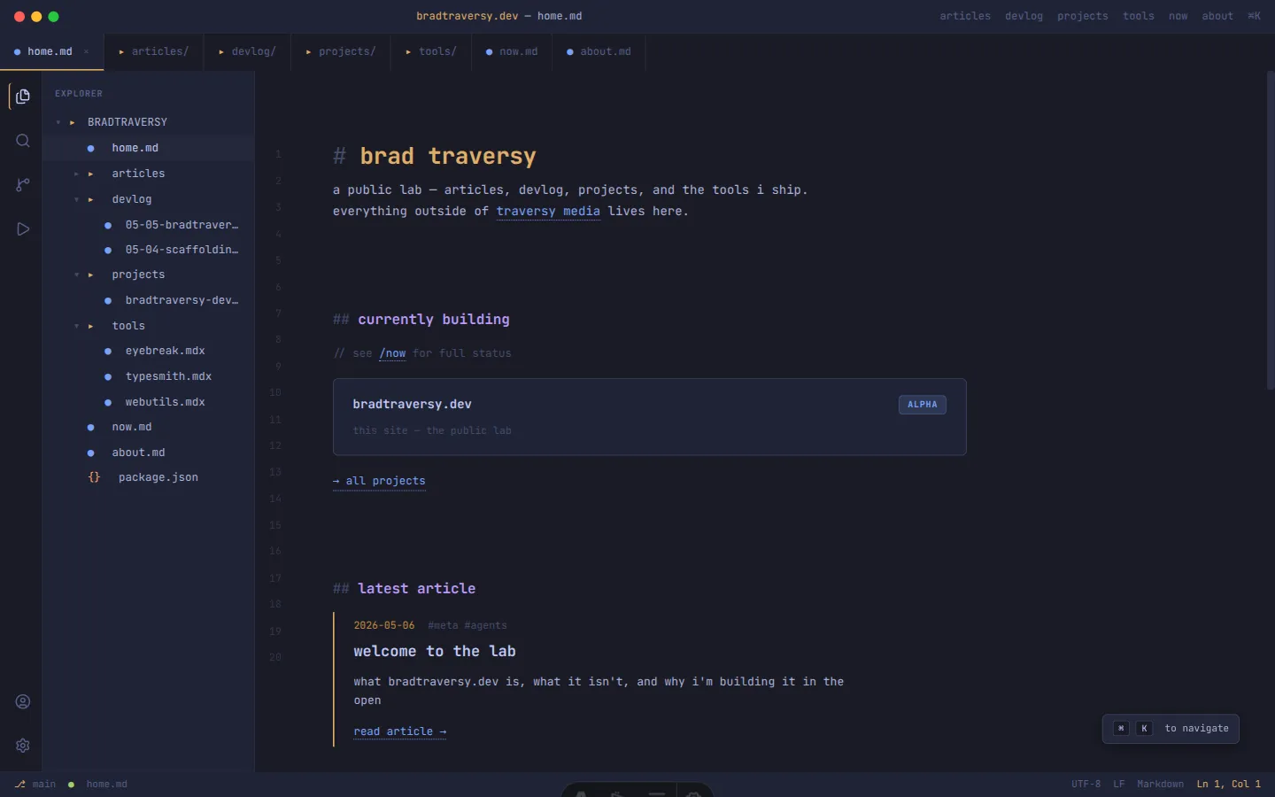 bradtraversy.dev home page screenshot showing the editor-metaphor chrome