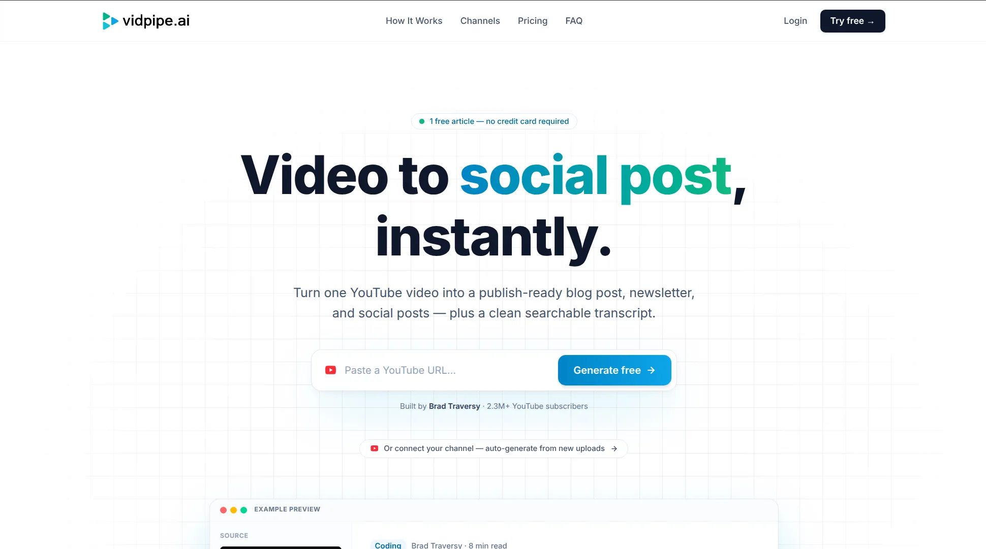 vidpipe.ai homepage with the video to transcript hero, paste-a-youtube-url input, and example preview