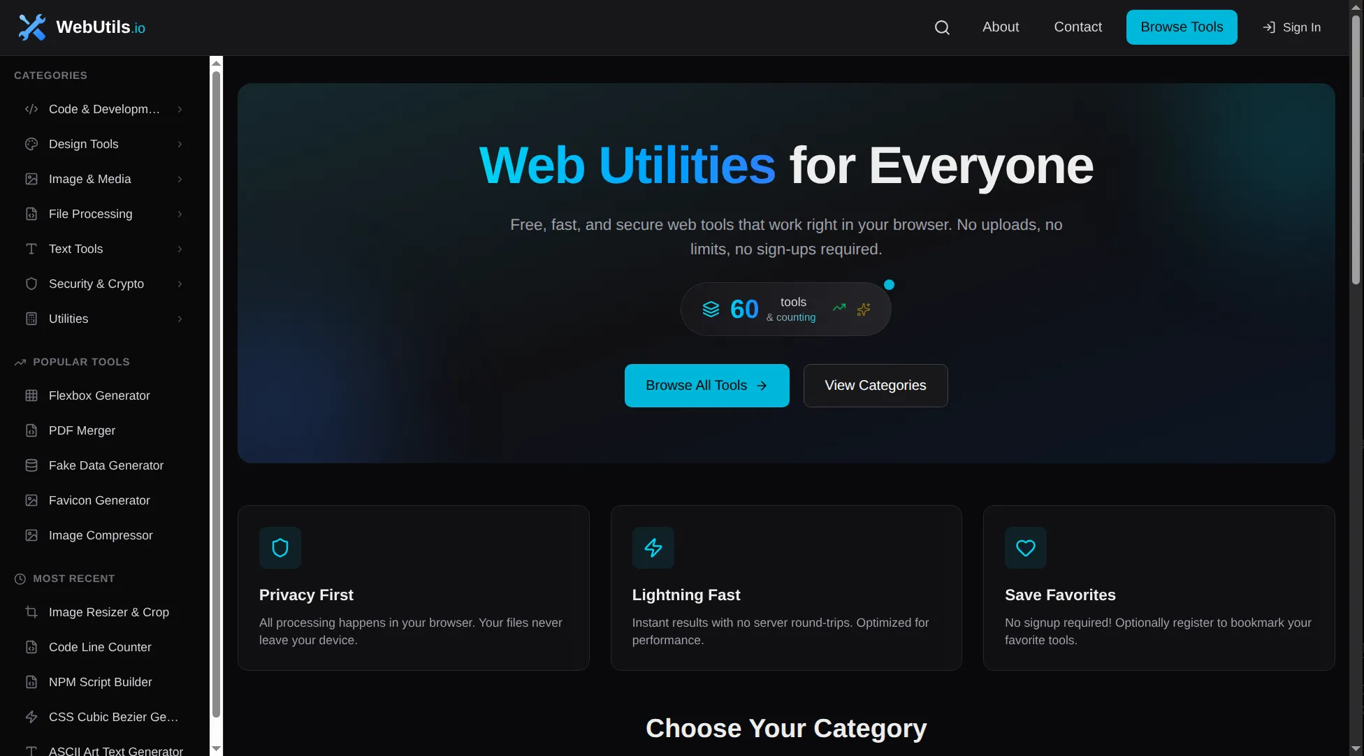 webutils.io homepage with the web utilities hero, 60 tools counter, and the categories sidebar
